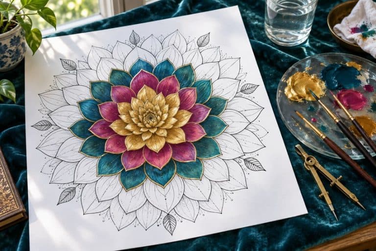 ausmalbild für erwachsene teilweise mit Buntstiften ausgemalt