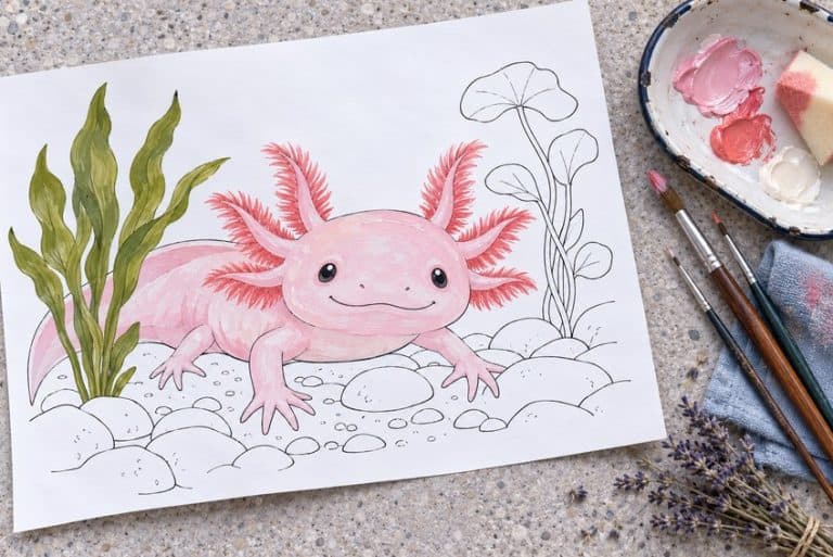 axolotl ausmalbild teilweise mit Buntstiften ausgemalt