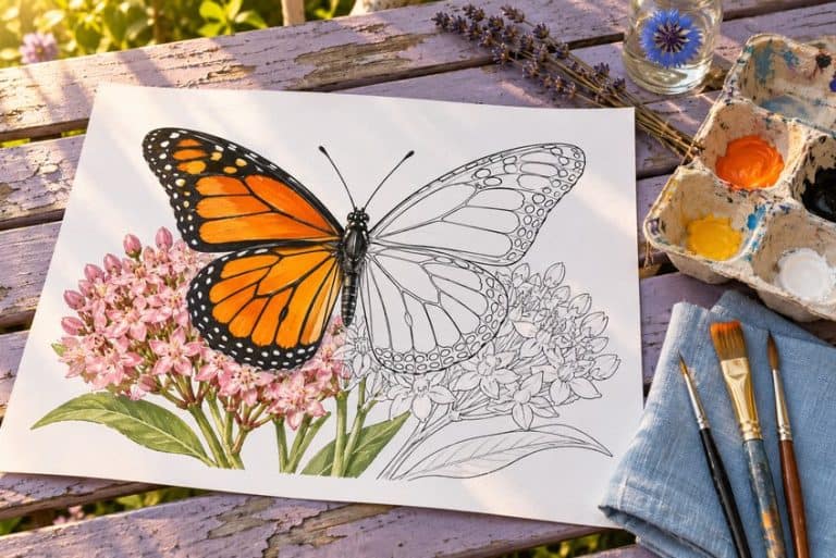 butterfly coloring page partly colored in with pencils