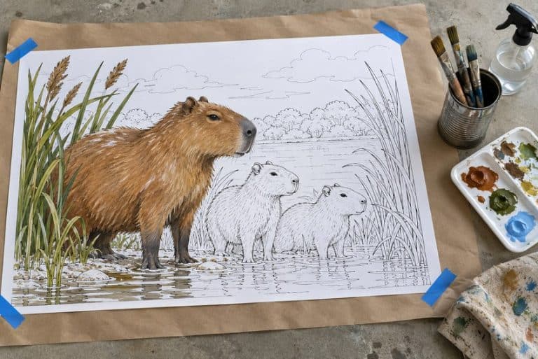 capybara ausmalbild teilweise mit Buntstiften ausgemalt