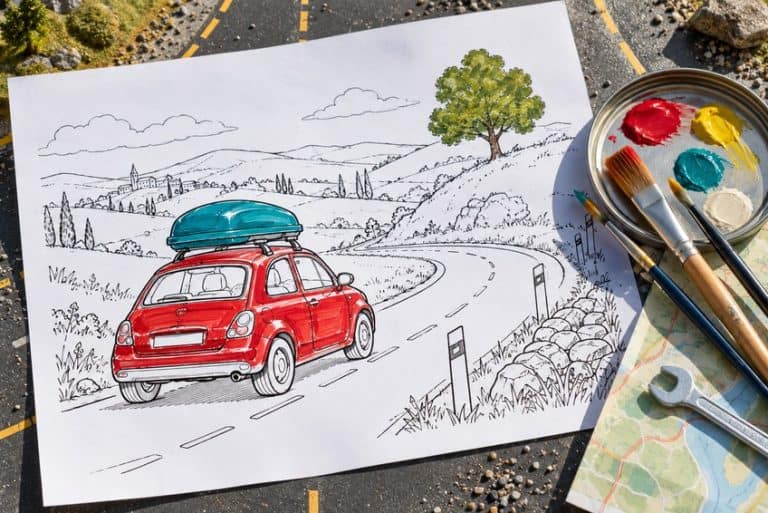 car coloring page partly colored in with pencils