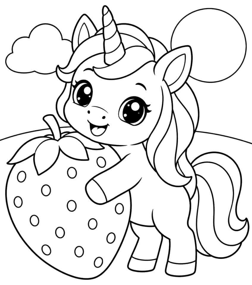 Einhornfohlen umarmt eine große Erdbeere, dahinter Wolke, Sonne und Hügel