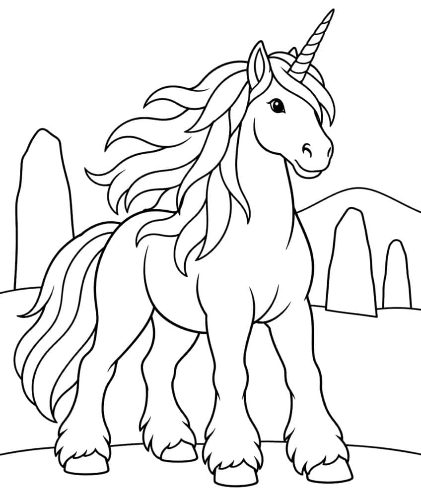 Einhorn mit Spiralhorn, langer Mähne und Fesselbehang vor Hügeln und aufrechten Steinen