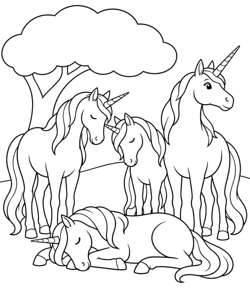 Drei stehende und ein liegendes schlafendes Einhorn unter einem Baum mit großer Krone