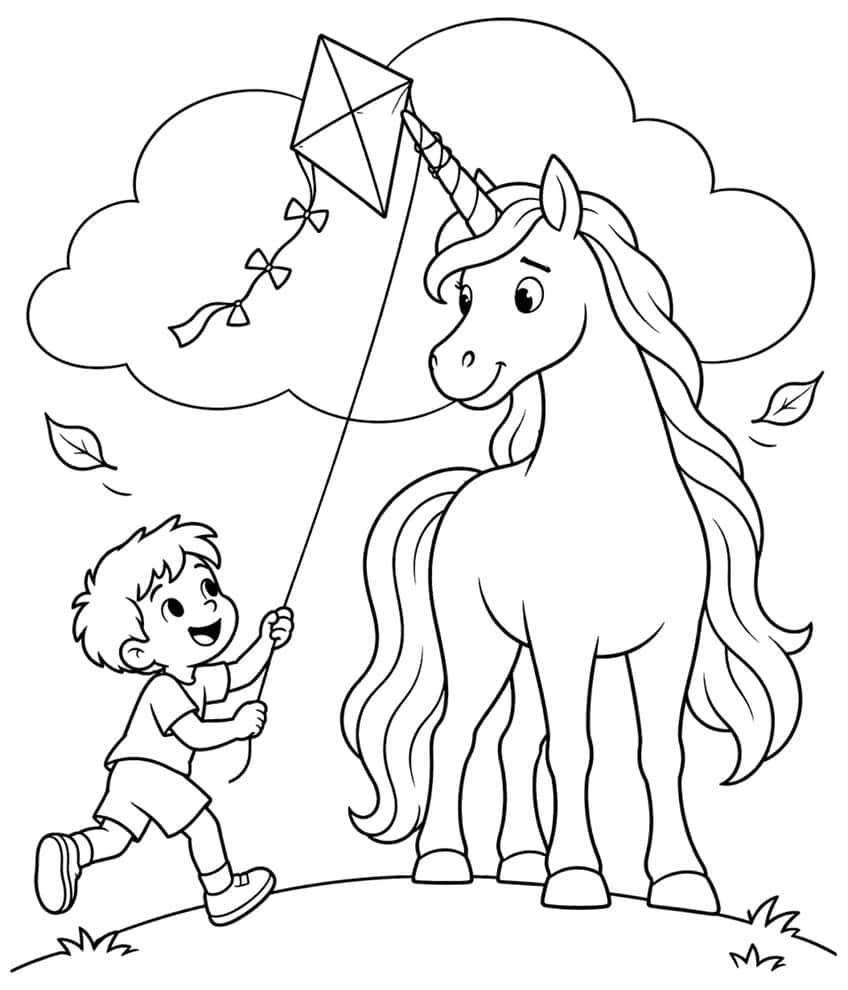 Lachender Junge mit Drachen neben einem Einhorn mit langer Mähne, Wolken, Blätter und Grasbüschel
