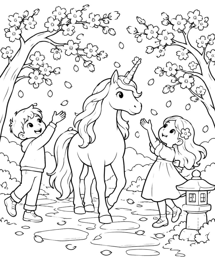 Einhorn zwischen Kirschbäumen, Junge, Mädchen mit Blume im Haar, Steinlaterne und fallende Blütenblätter