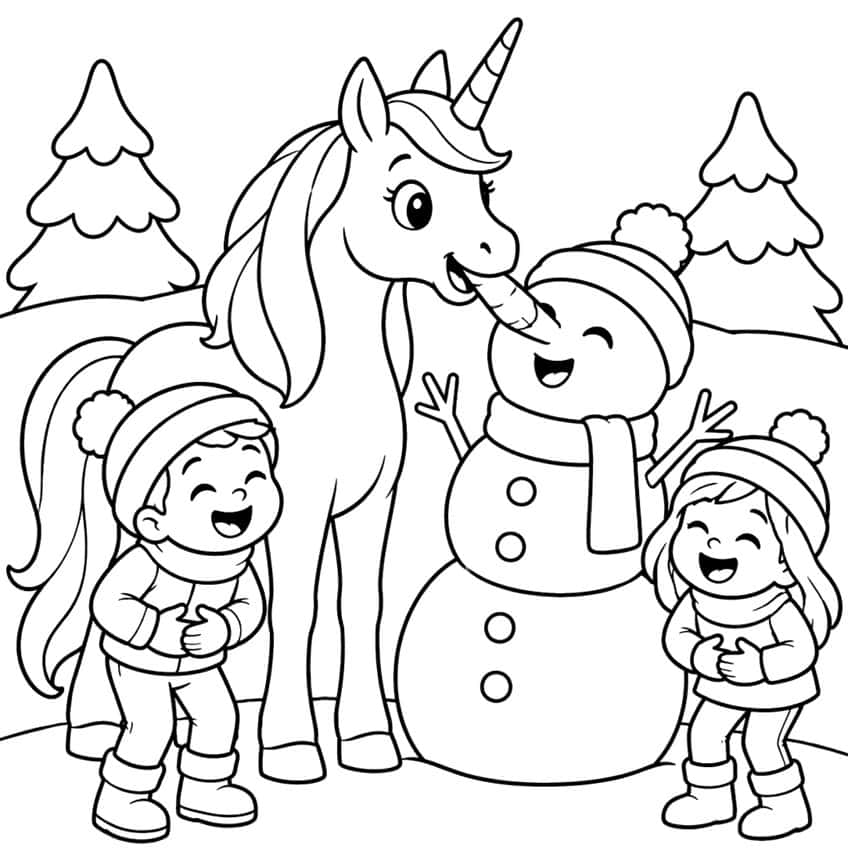 Einhorn frisst Karottennase eines Schneemanns, zwei lachende Kinder in Wintermützen, verschneite Tannen