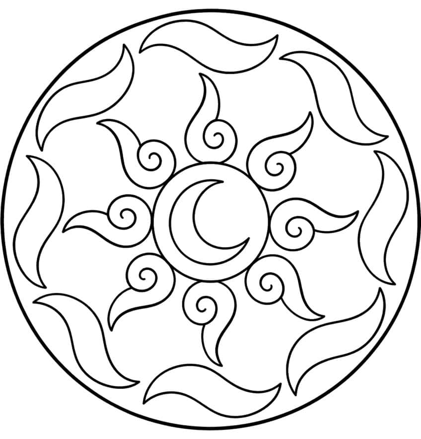 Rundes Mandala mit Mondsichel in der Mitte, acht Spiralstrahlen und acht geschwungenen Blättern