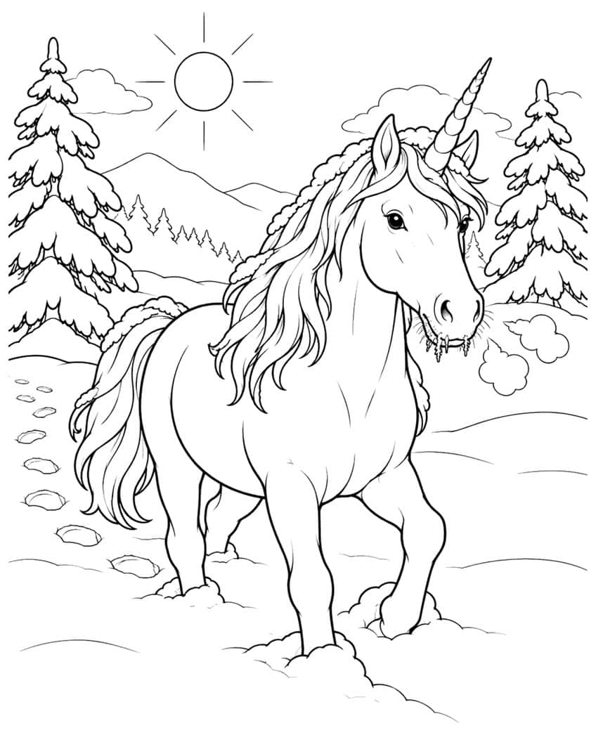 Einhorn mit langer Mähne im Tiefschnee, verschneite Tannen, Berge, Sonne und Fußspuren