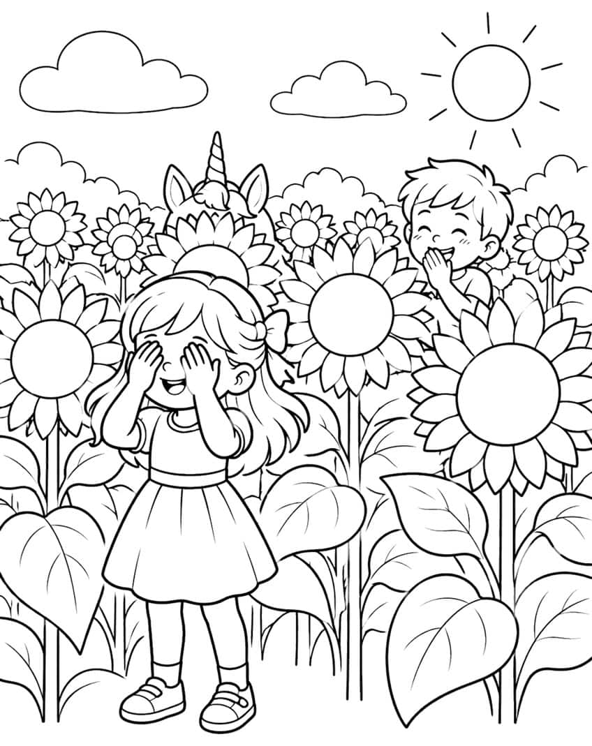 Mädchen hält sich die Augen zu, Junge und Einhorn zwischen Sonnenblumen, Sonne und Wolken
