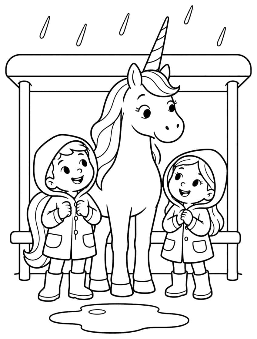 Einhorn mit zwei Kindern in Regenjacken und Gummistiefeln unter einem Haltestellendach, davor eine Pfütze