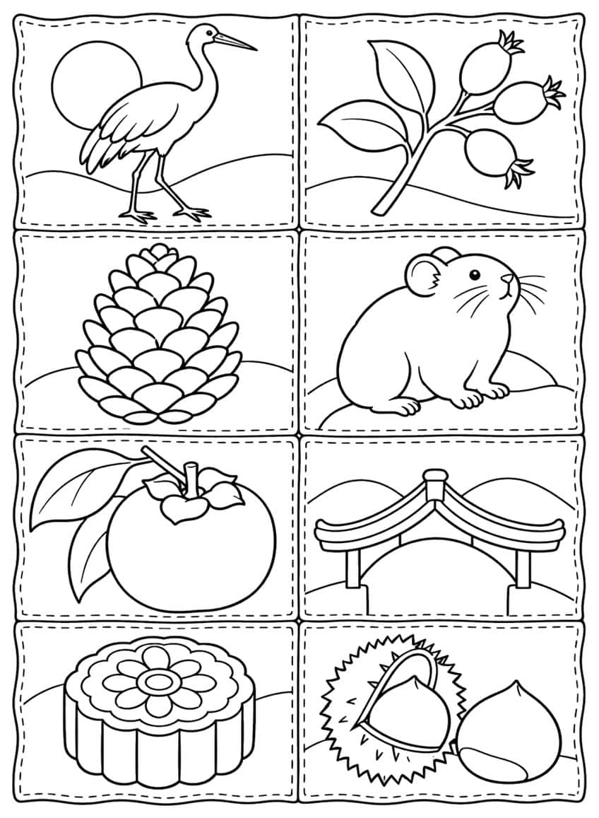 Quilt of eight squares with a crane, rose hips, pine cone, pika, persimmon, bridge, mooncake and chestnut