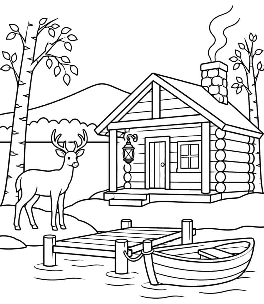 Log cabin with stone chimney, buck, birch trees, wooden dock and rowboat on a lake