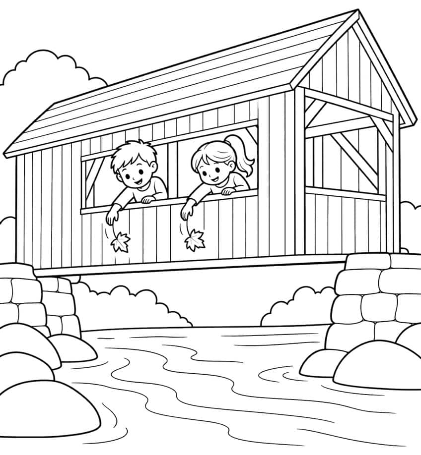 Boy and girl dropping maple leaves from a covered bridge above a river with stones