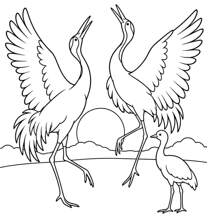 Two dancing cranes with raised wings, a chick, a round sun and low bushes