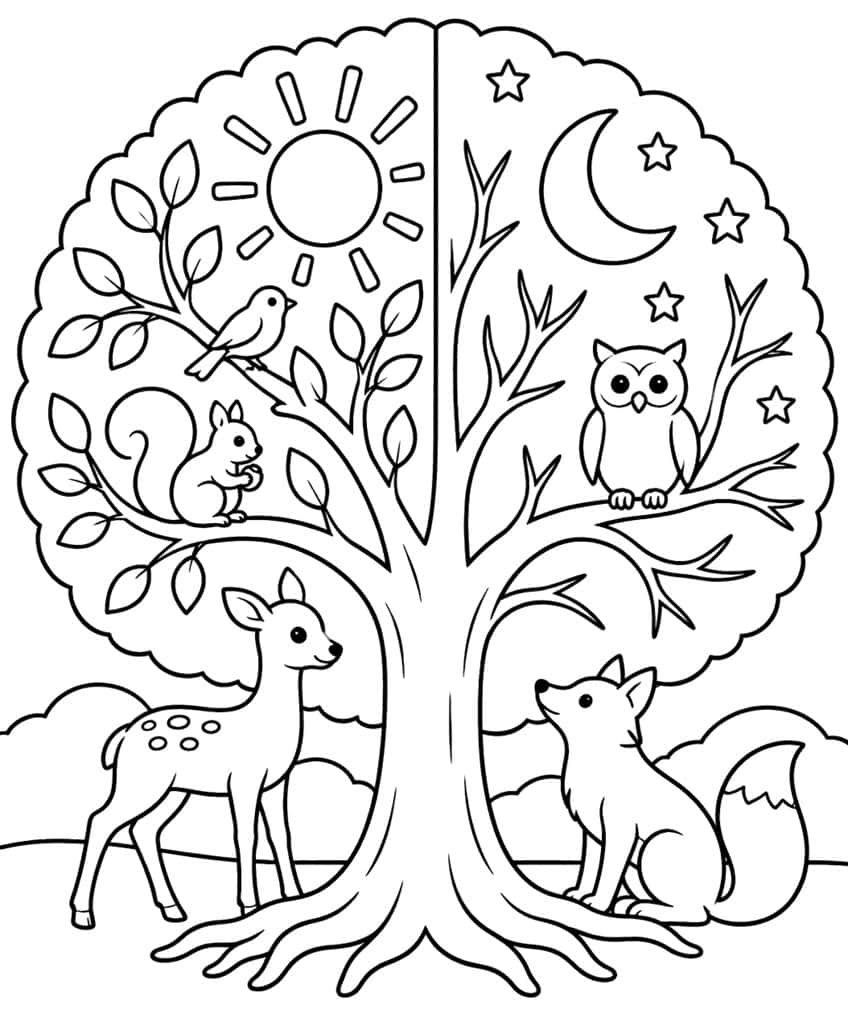Tree split into day and night with sun, moon, bird, squirrel, owl, fawn and fox