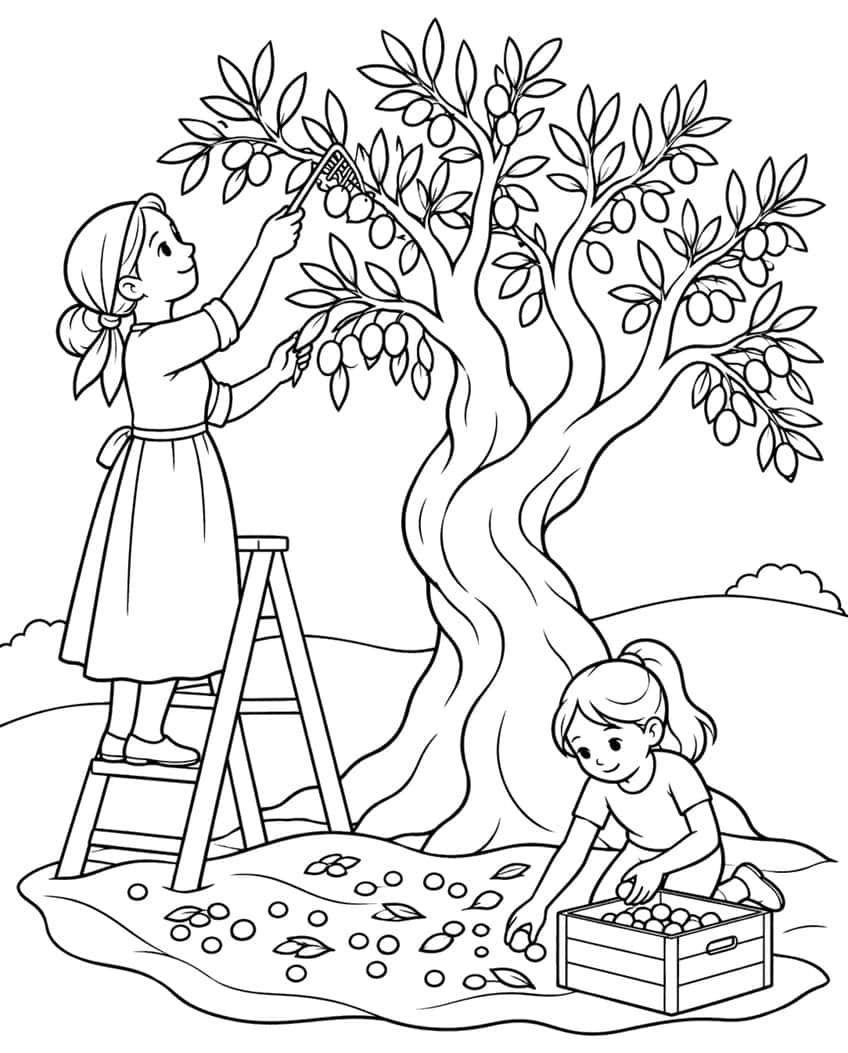 Woman on a ladder picking olives and a girl filling a crate beside a twisted olive tree