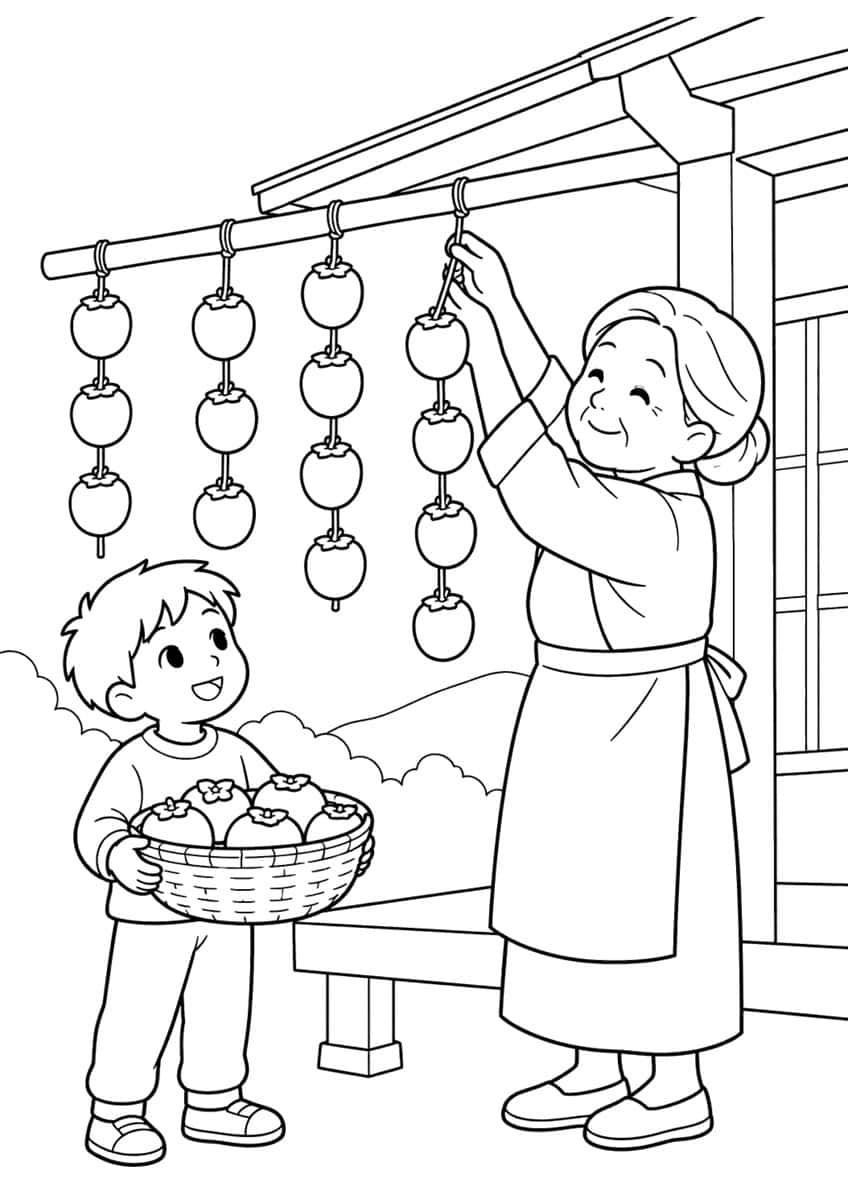 Smiling grandmother hanging persimmon strings under a roof beam, boy holding a basket of persimmons