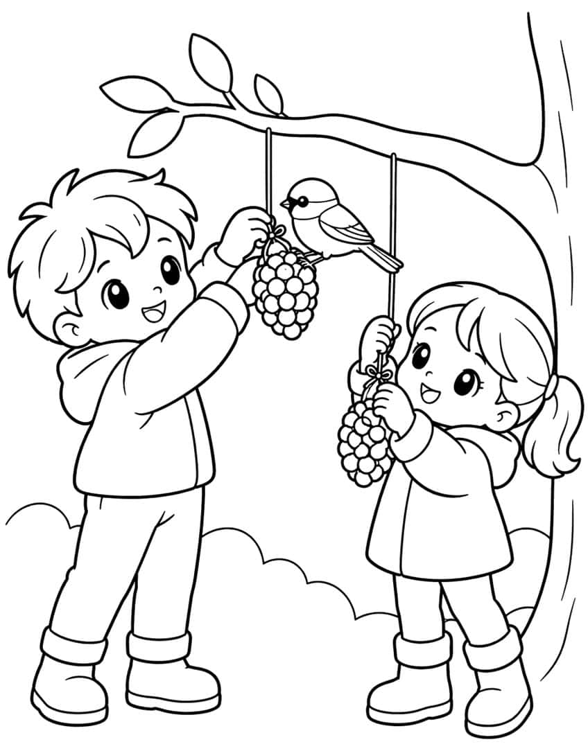 Boy and girl hanging two bead-covered bird feeders from a tree branch with a small bird perched nearby