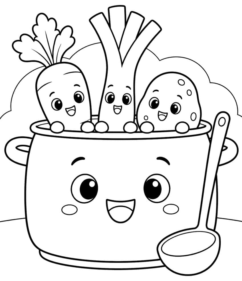 Smiling soup pot with a carrot, leek and potato peeking out and a ladle beside it