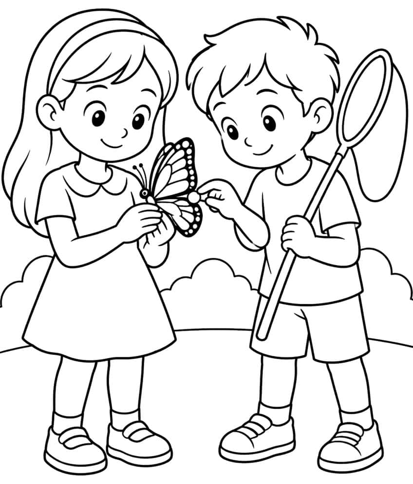 Girl and boy with a net tagging a monarch butterfly, bushes and hill behind