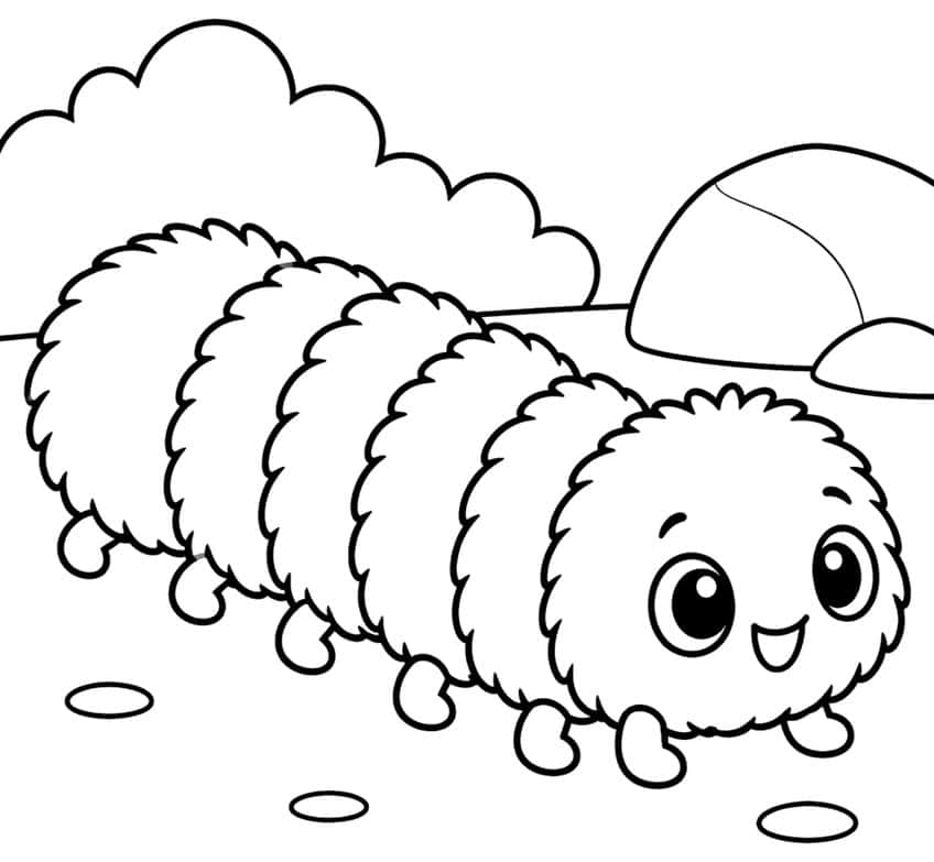 Smiling fuzzy caterpillar with six segments, a rock, a bush and pebbles