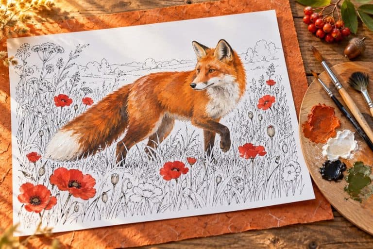 fuchs ausmalbild teilweise mit Buntstiften ausgemalt