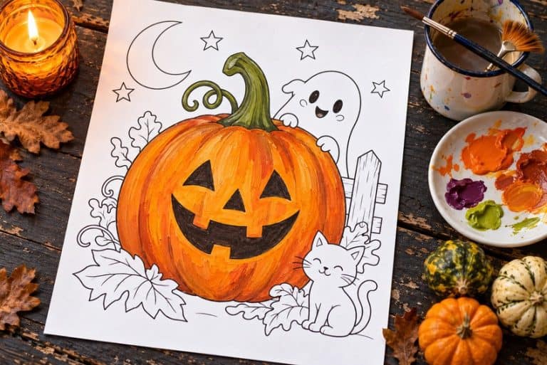 halloween ausmalbild teilweise mit Buntstiften ausgemalt