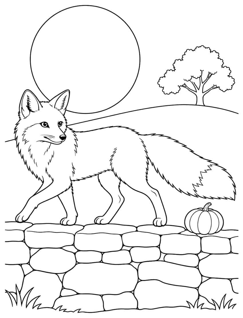 Fuchs läuft über eine Steinmauer, dahinter großer Mond, Hügel, Baum und ein kleiner Kürbis