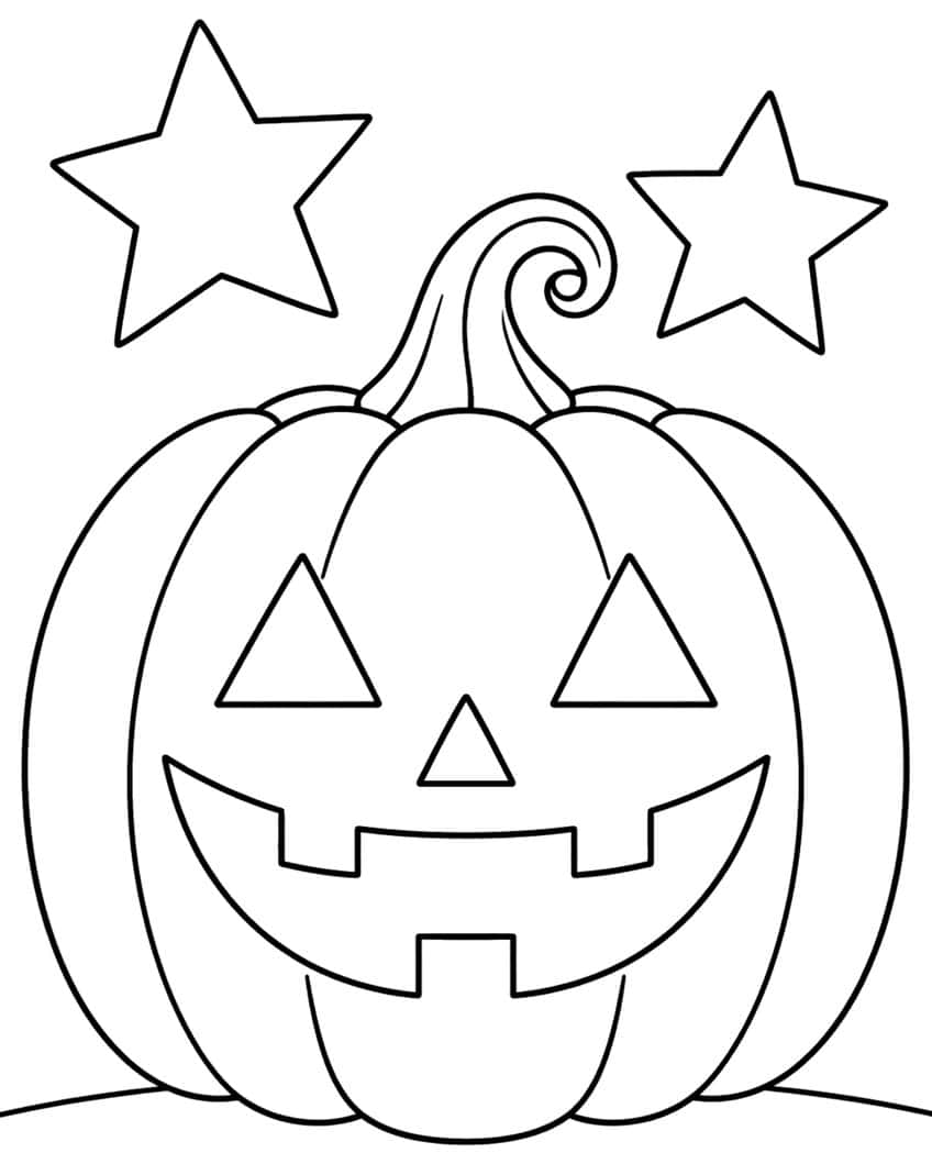 Jack-o'-Lantern mit Dreiecksaugen, Zackengrinsen und geschwungenem Stiel, darüber zwei Sterne