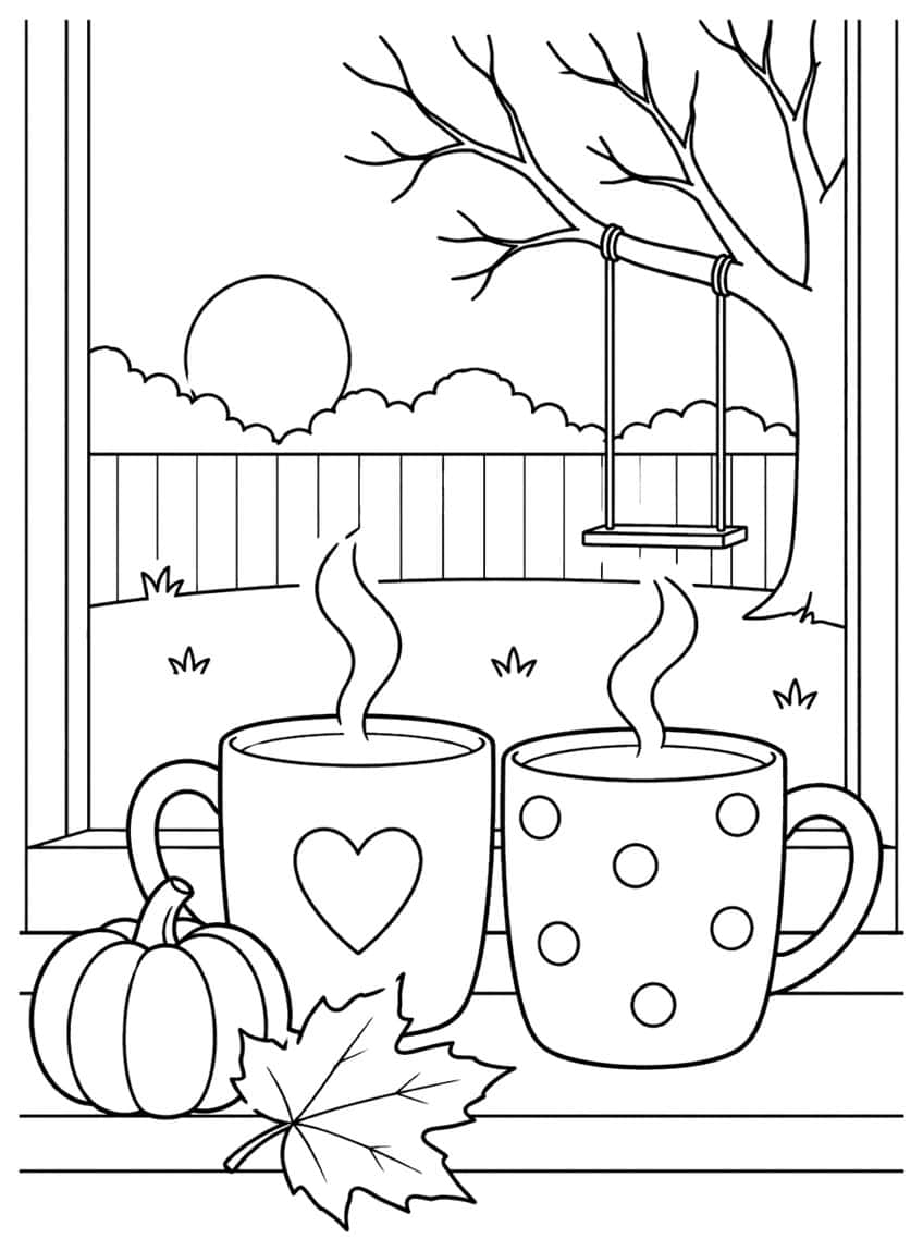 Zwei Becher mit Herz und Punkten, Kürbis und Ahornblatt auf der Fensterbank, dahinter Garten mit Schaukel