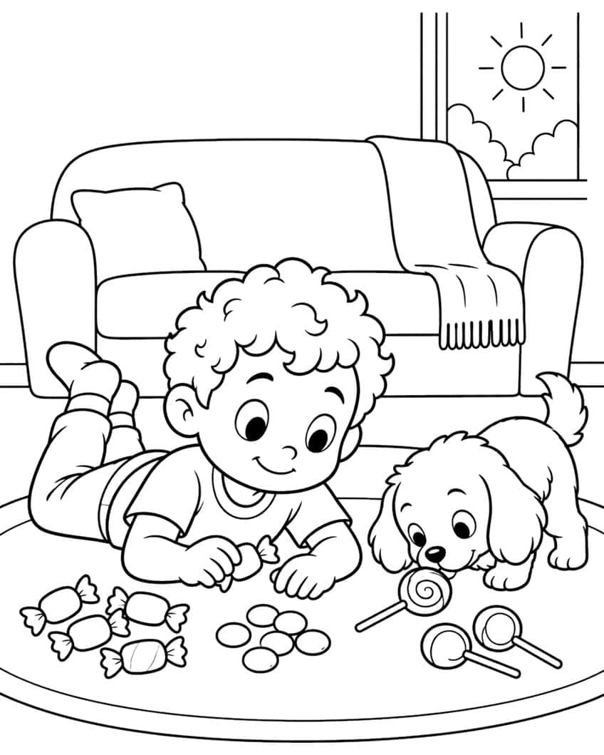 Junge und Welpe auf Teppich mit Bonbons und Lutschern vor Sofa und Fenster