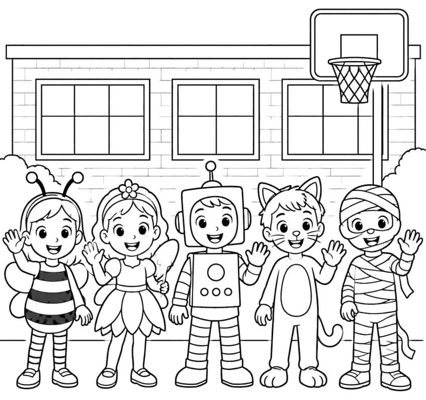 Fünf verkleidete Kinder (Biene, Fee, Roboter, Katze, Mumie) vor Schulgebäude mit Basketballkorb
