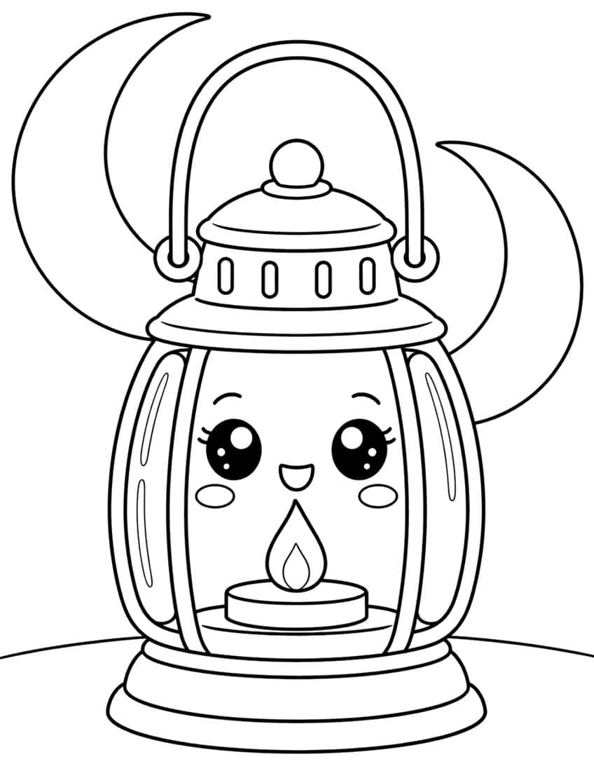 Lachende Kawaii-Laterne mit Kerze, Bügelgriff und zwei Mondsicheln im Hintergrund