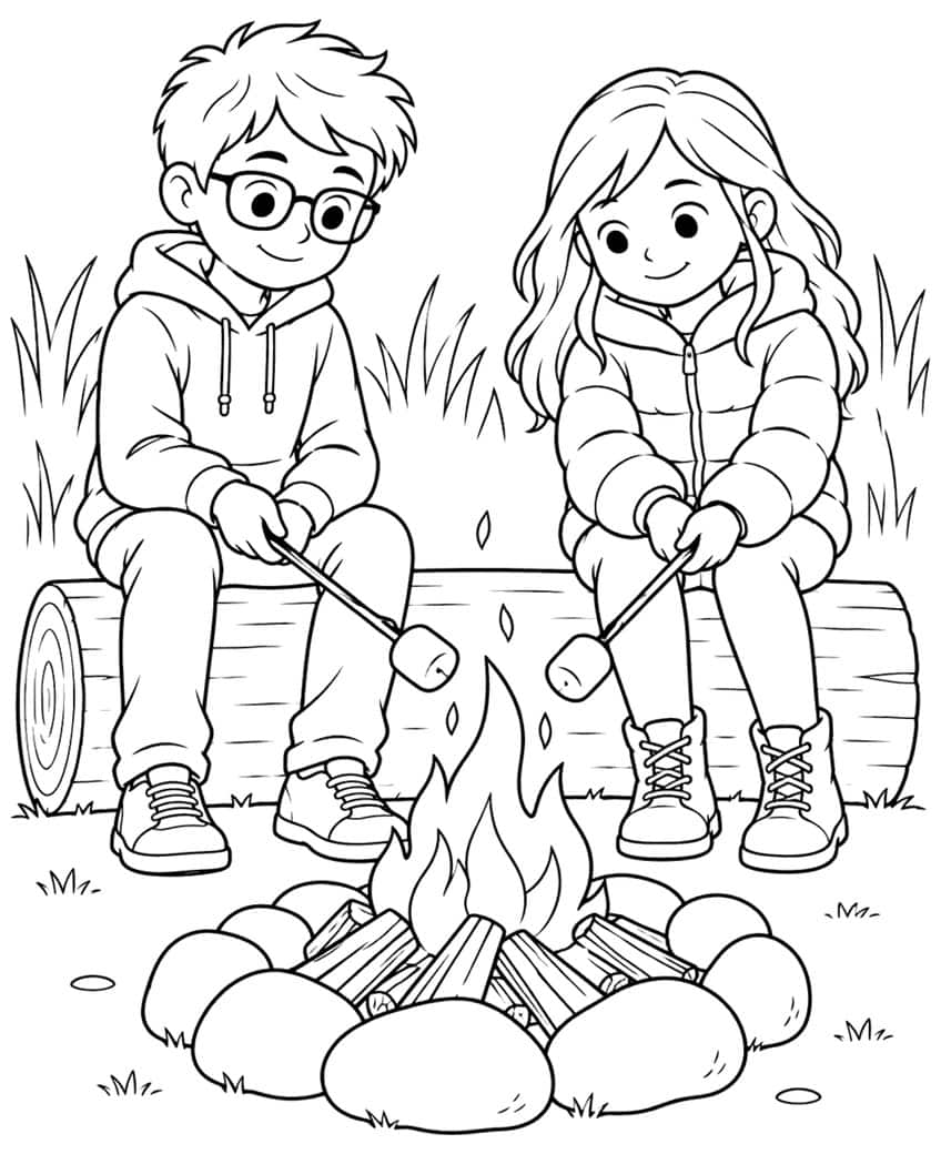 Junge und Mädchen auf Baumstamm rösten Marshmallows über Lagerfeuer mit Steinkreis