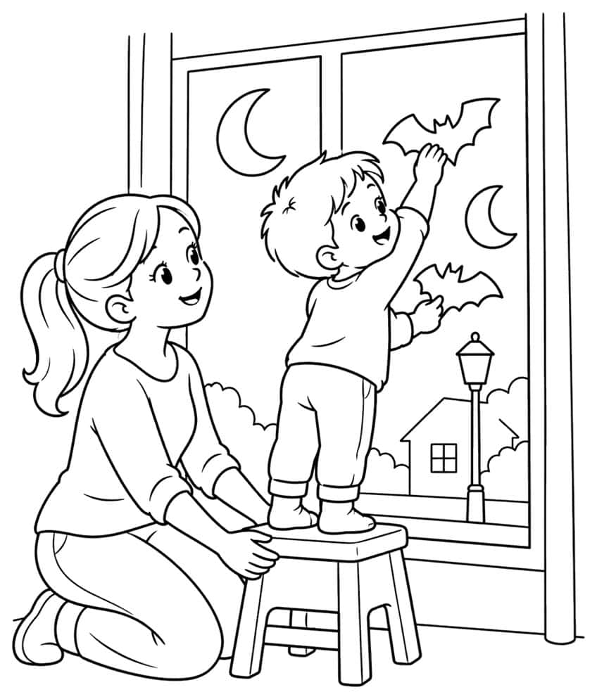 Frau hält Hocker, Junge klebt Papierfledermäuse ans Fenster mit Mond, Laterne und Haus
