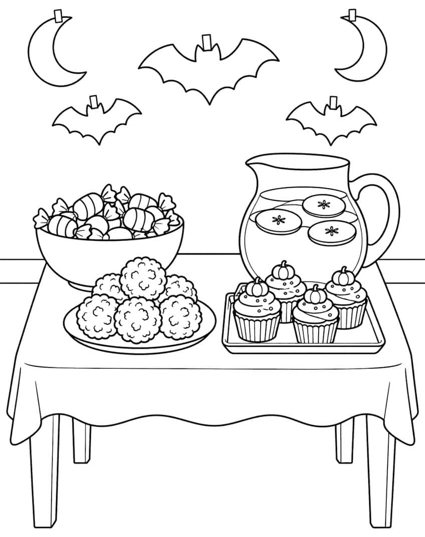 Partytisch mit Bonbonschale, Apfelkrug, Popcornbällchen, vier Cupcakes, drei Fledermäusen und zwei Monden