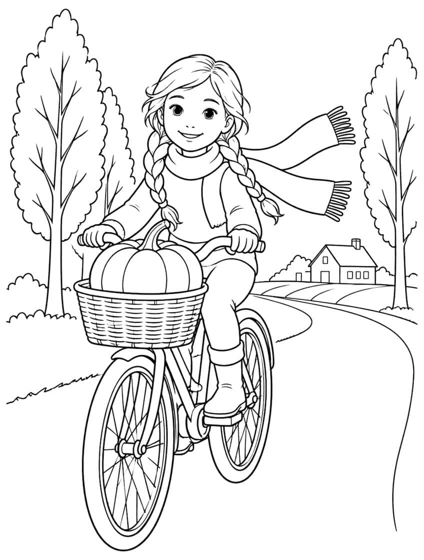 Mädchen mit Zöpfen und Schal auf dem Fahrrad, Kürbis im Korb, Landstraße, Bäume und Haus