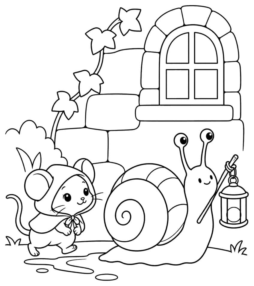 Schnecke mit Laterne und Maus im Umhang vor einer Steinmauer mit Bogenfenster und Efeu