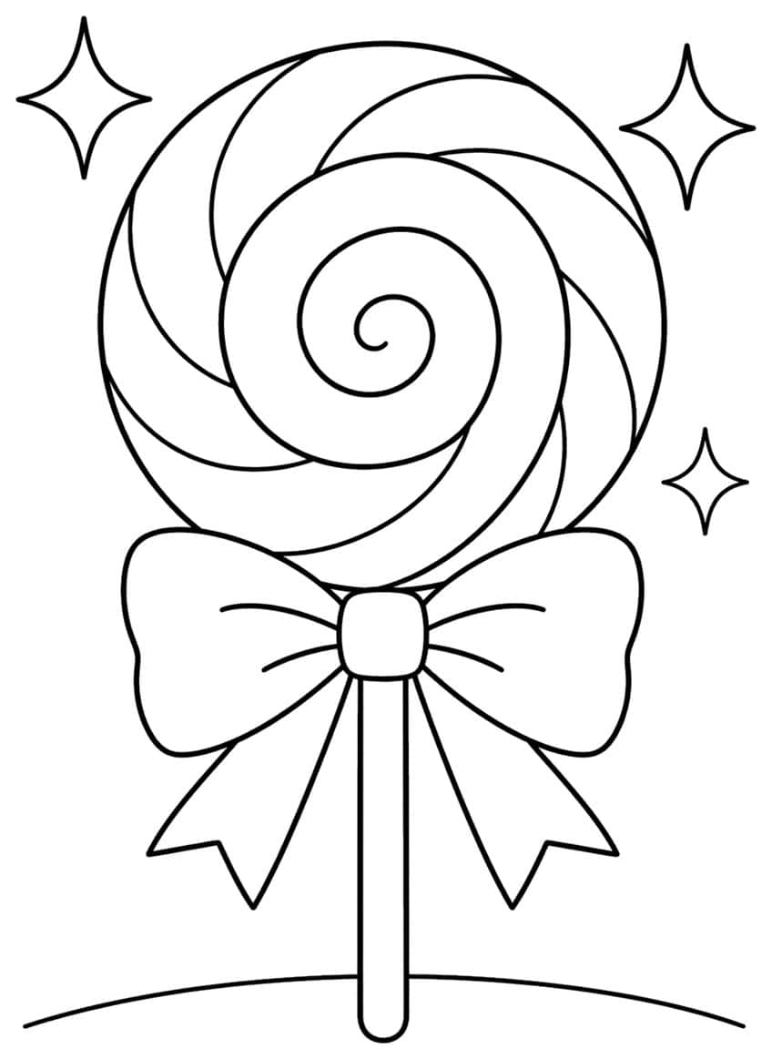 Spiral-Lutscher mit Schleife am Stiel, drei Funkelsterne und eine Bodenlinie