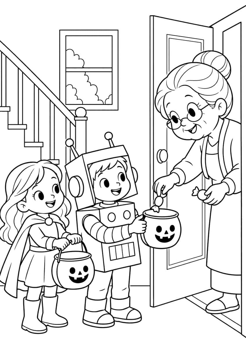 Oma an der Tür gibt Bonbon an Roboterjungen und Mädchen mit Kürbiseimern, Treppe und Fenster