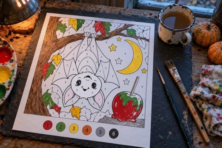halloween malen nach zahlen Vorlage teilweise mit Buntstiften ausgemalt