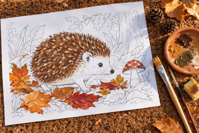 hedgehog coloring page partly colored in with pencils