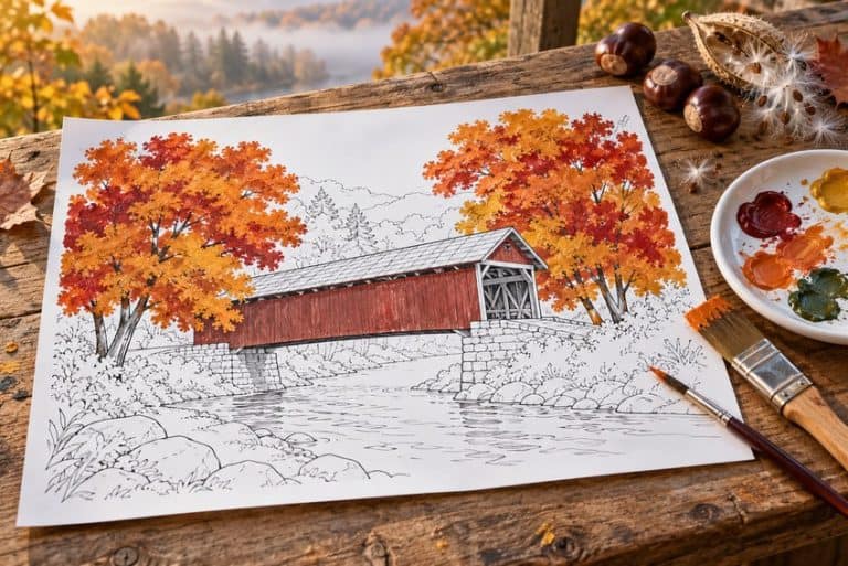 herbst ausmalbild teilweise mit Buntstiften ausgemalt