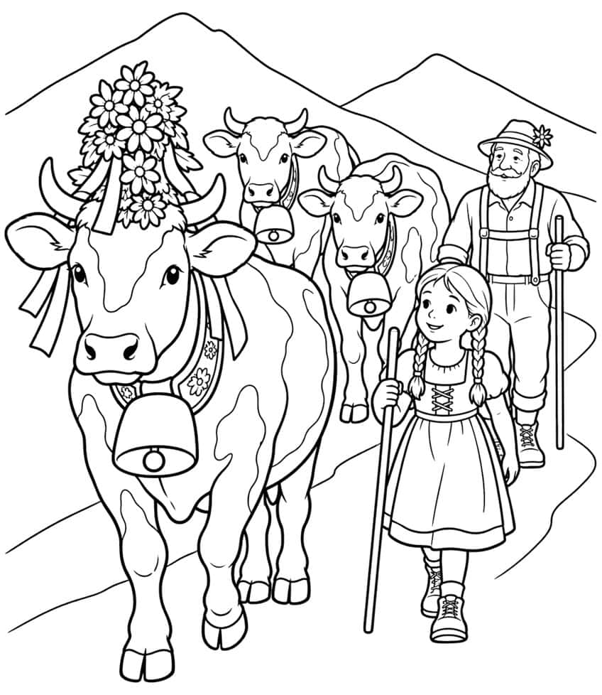 Drei Kühe mit Glocken und Blumenschmuck, dazu ein Mädchen im Dirndl und ein Senner mit Hut vor Bergen