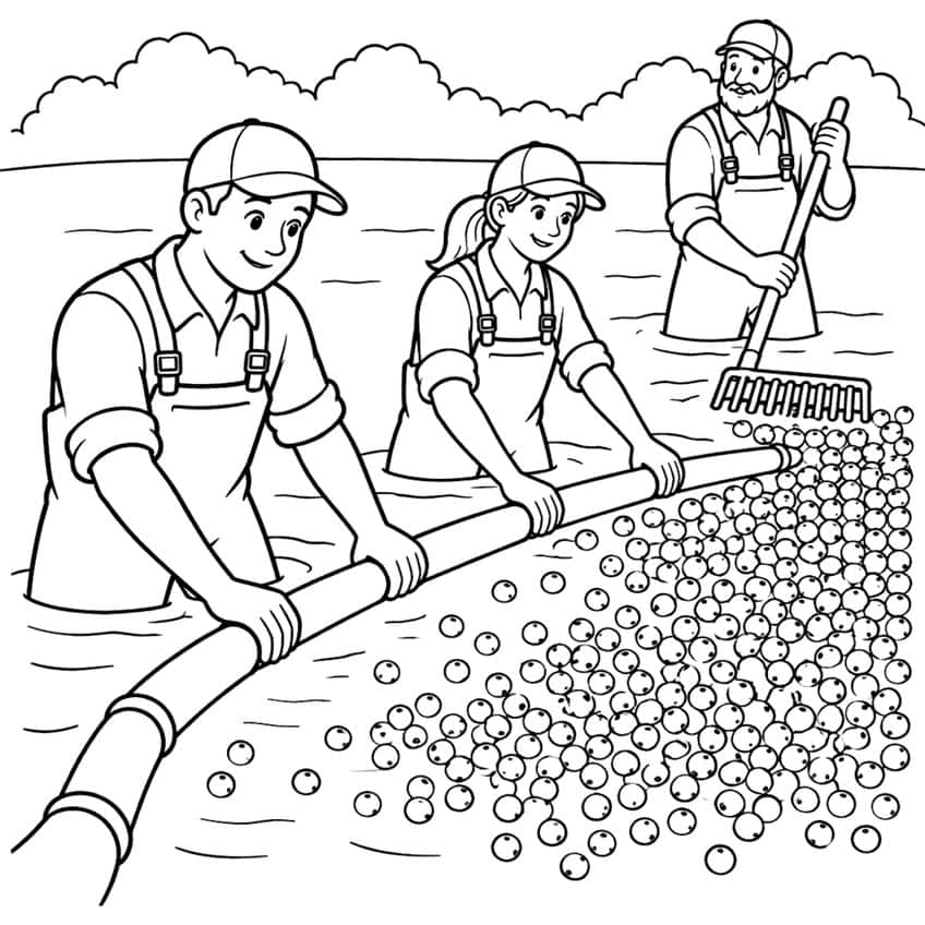 Drei Erntehelfer mit Kappen im Wasser, Schwimmschlauch, Rechen und viele treibende Cranberrys