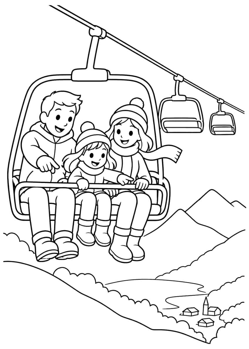 Familie mit Kind im Sessellift, dahinter Seil mit zwei Sesseln, Berge und ein Dorf mit Kirche
