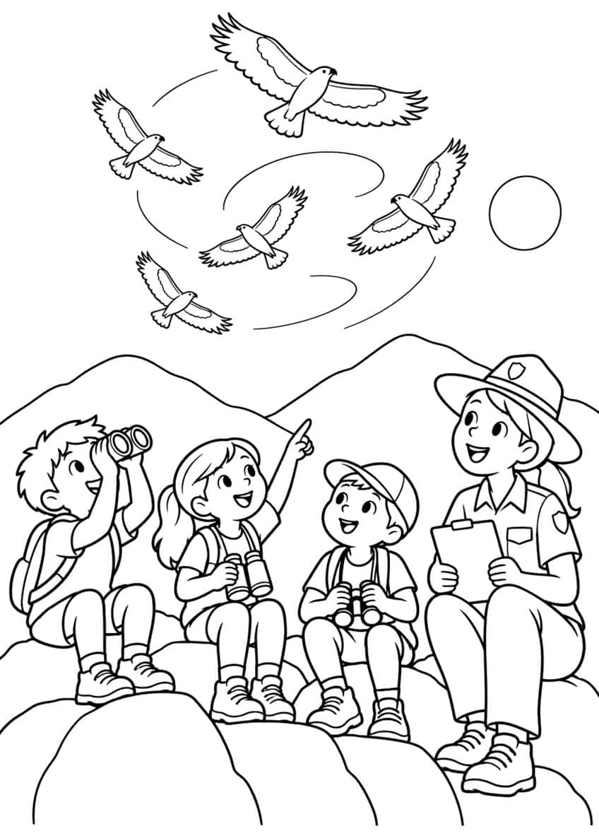 Drei Kinder und eine Rangerin mit Ferngläsern auf Felsen, darüber fünf kreisende Greifvögel und Berge
