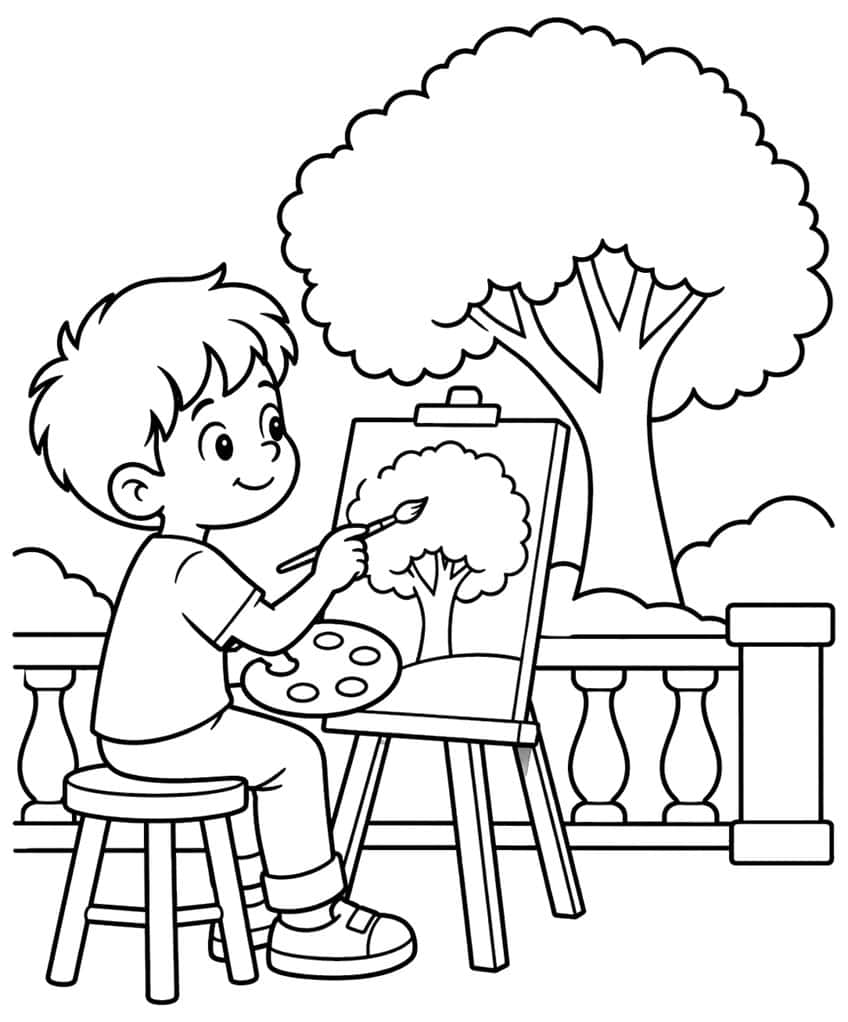 Junge mit Pinsel und Palette an der Staffelei, großer Baum, Büsche und Geländer