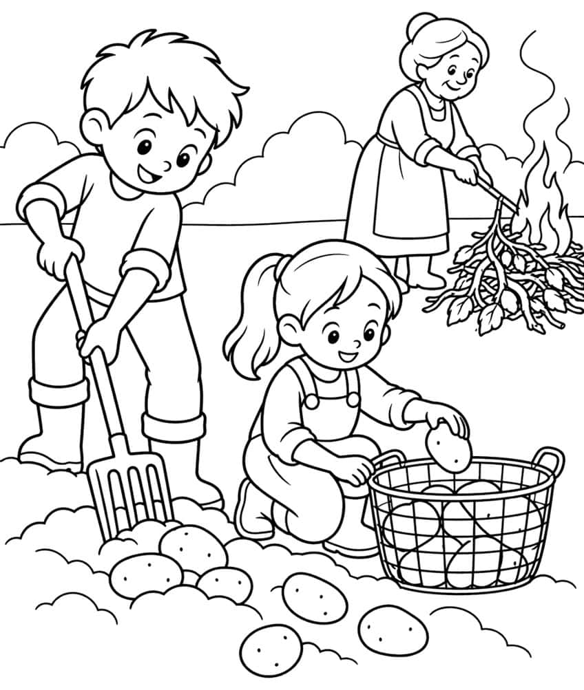 Junge mit Grabegabel, Mädchen mit Korb voller Kartoffeln und Oma am Kartoffelfeuer